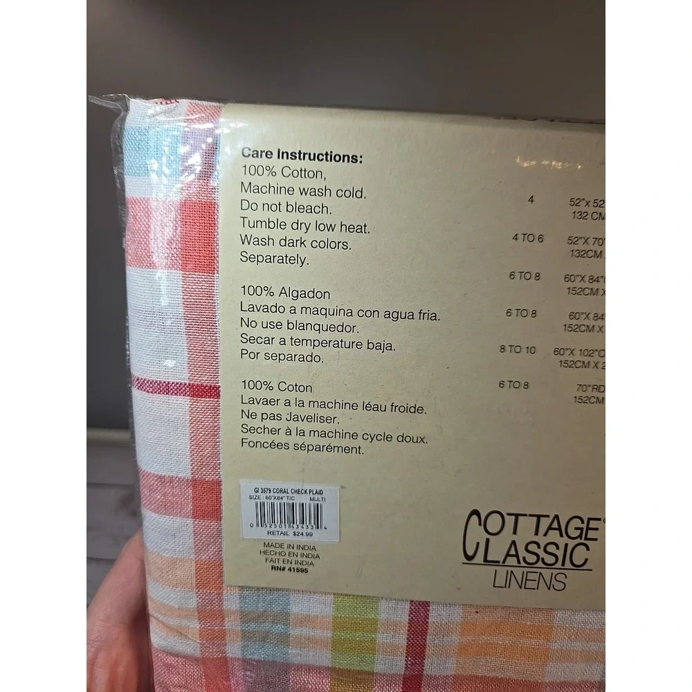 NIP COTTAGE CLASSIC LINENS Coral Check Plaid Tablecloth - SIZE 60